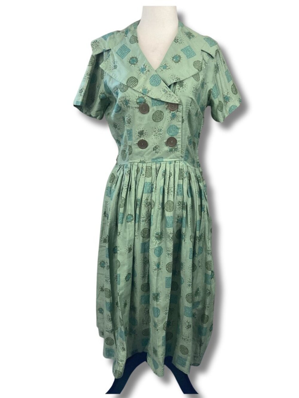 VINTAGE Green floral Asian print double breasted shawl collar dress SMAL MEDIUM